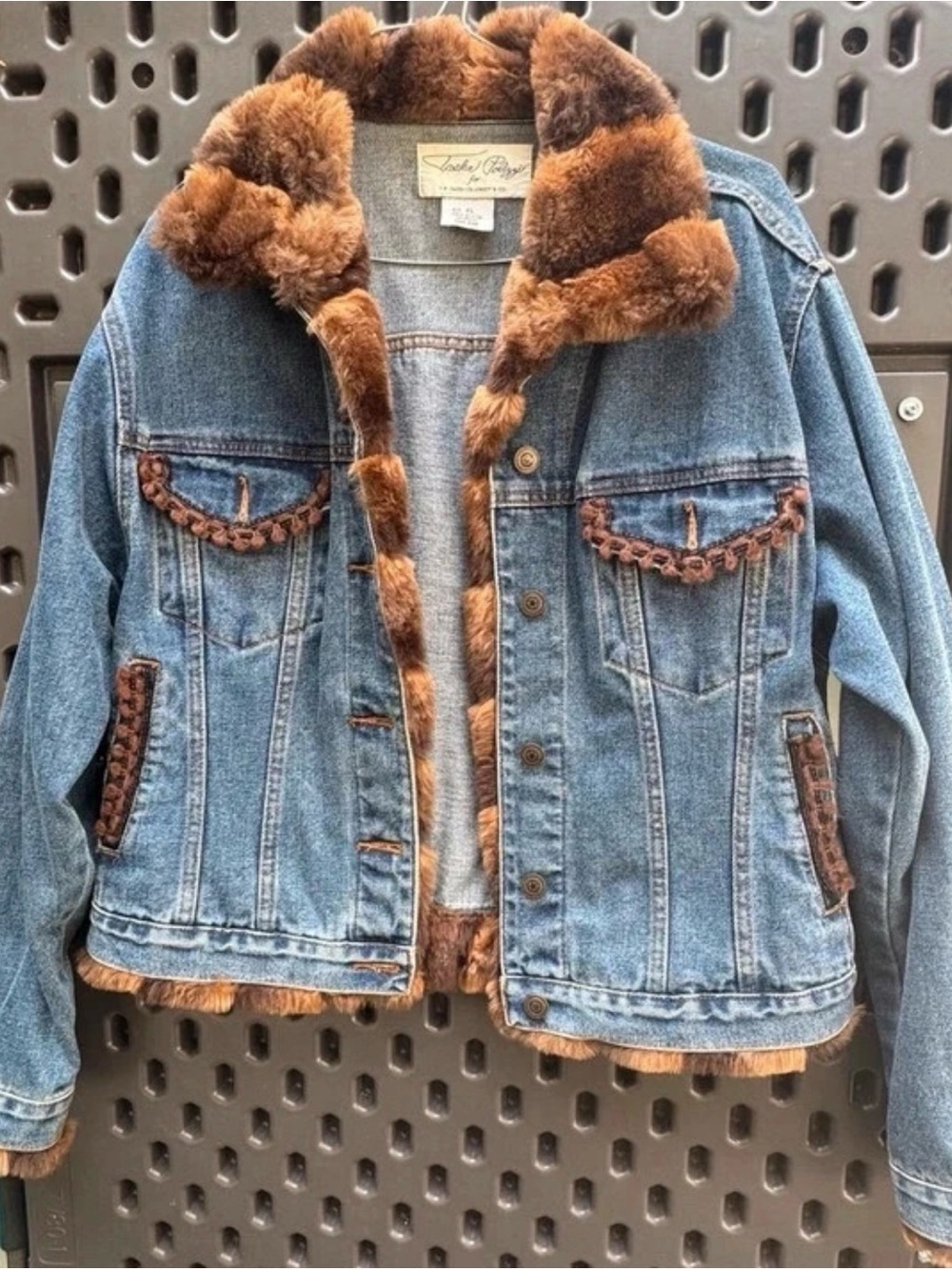 Tasha Polizzi Blue Denim Jacket with Brown Faux Fur Trim